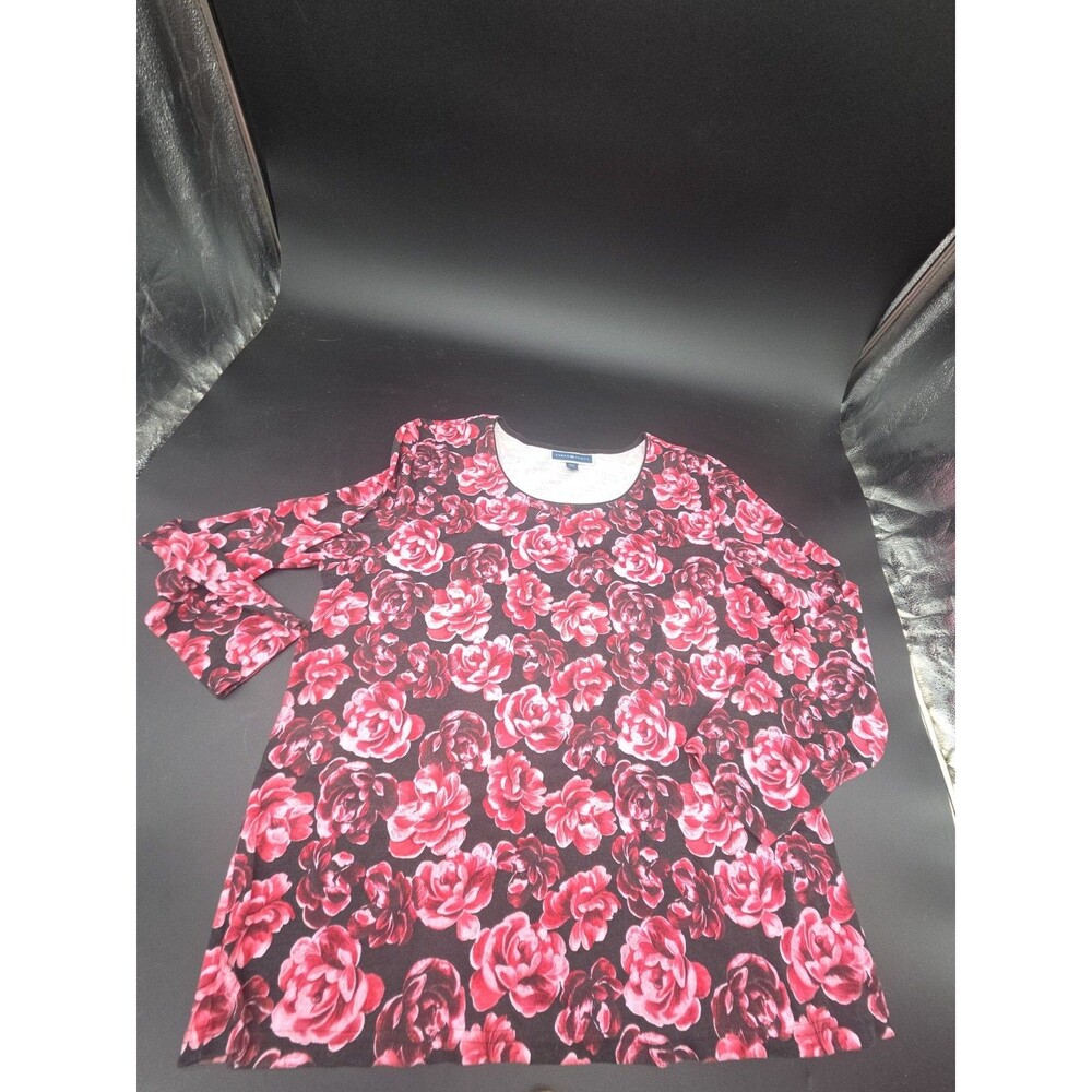 Karen Scott XXL Womens Long Sleeve Knit Top All Over Rose Print Pink Black